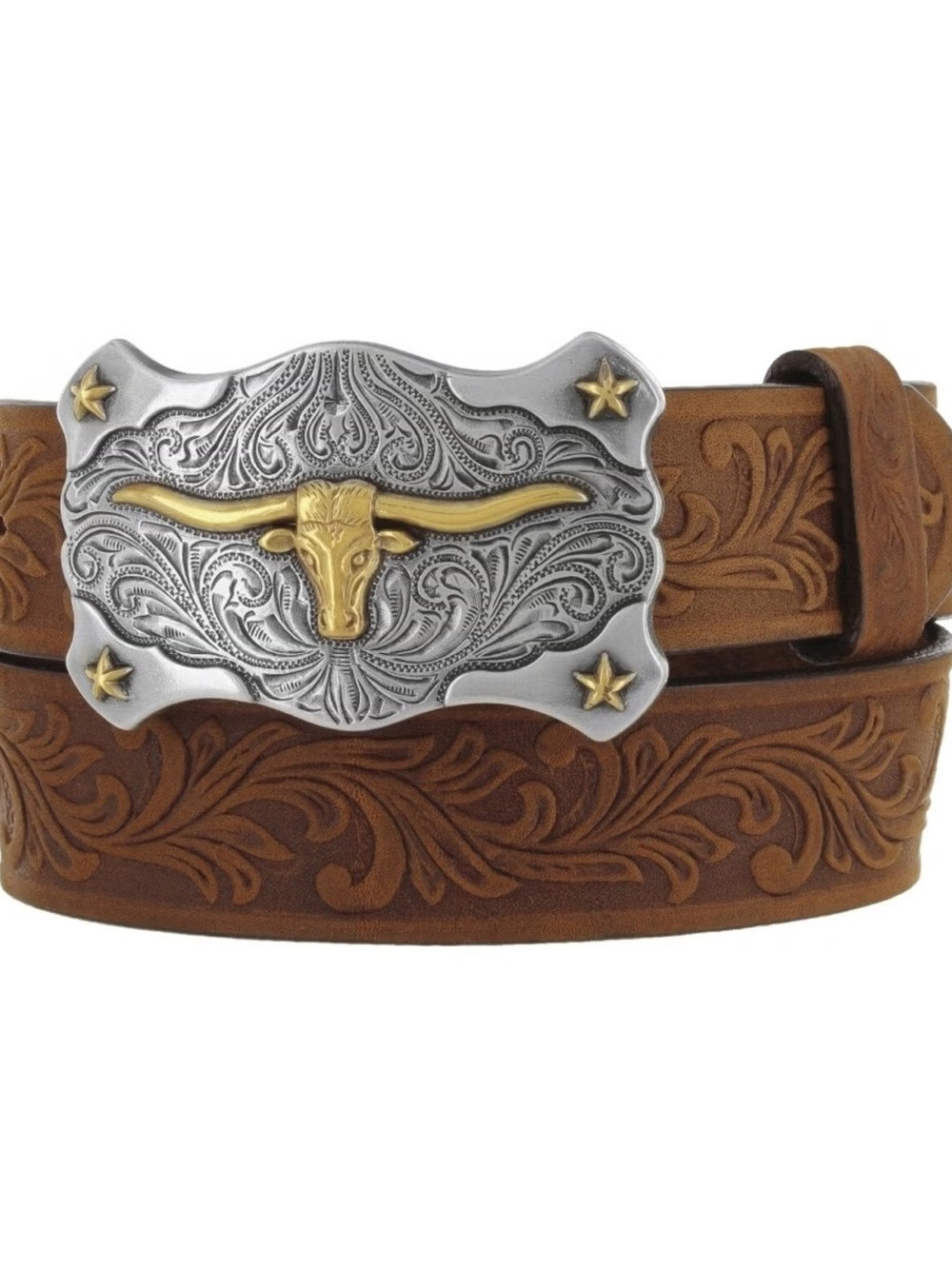 Tony Lama Kids Western Tooled Brown Leather Belt with Silver & Gold